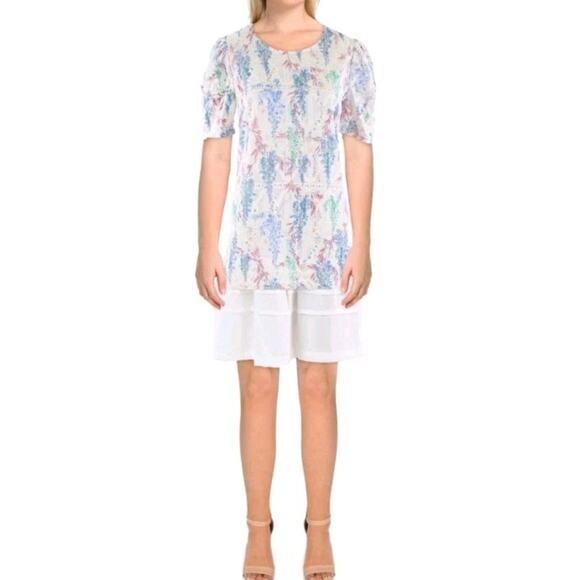 Gracia White Embroidered Floral Lace Shift Dress Plus 1X New Blue Pink Ruffle - Picture 1 of 15